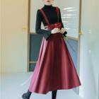 Set: Mock-turtleneck Bell-sleeve Rib Knit Top + Midi Jumper Skirt