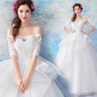 Elbow-sleeve Off-shoulder Lace A-line Wedding Gown