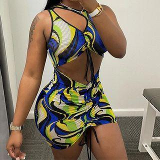Asymmetrical Halter-neck Drawstring Printed Cutout Bodycon Dress