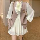 Tie-neck Puff-sleeve A-line Dress / Button-up Vest