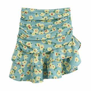 Flower Print Ruffle Hem Mini Pencil Skirt