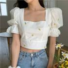 Puff-sleeve Open-back Embroidered Crop Top