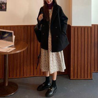 Square-neck Floral Midi A-line Dress / Turtleneck T-shirt / Plain Blazer