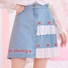 Lace Panel Embroidered Denim Mini Skirt