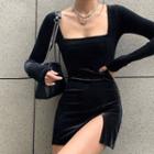 Square-neck Slit-front Long-sleeve Mini Sheath Dress