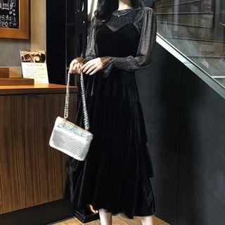 Set: Long-sleeve Glitter Top + Ruffle Spaghetti Strap Dress