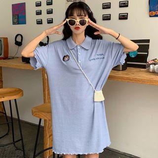 Elbow-sleeve Embroidered Striped Polo Dress