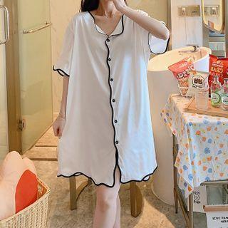 Elbow-sleeve Contrast Trim Button-up Sleep Dress