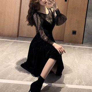 Set: Dotted Long-sleeve Mesh Top + Midi Velvet Pinafore Dress
