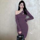 Long-sleeve Asymmetrical Knit Dress Dark Purple - One Size