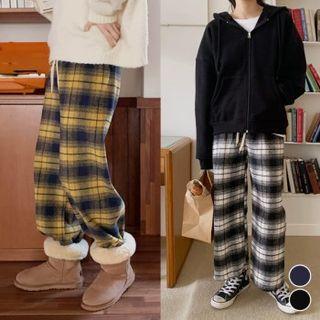 Drawcord Wide Plaid Pants