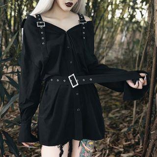 Long-sleeve Cold-shoulder Mini A-line Dress Black - One Size