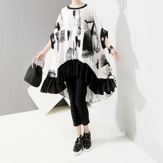 Elbow-sleeve Print High Low Dress White - One Size