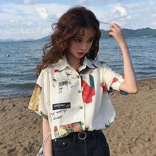 Print Single-breasted Short-sleeve Blouse As Shown In Figure - One Size