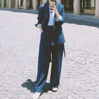 Set: Plain Blazer + Wide-leg Pants