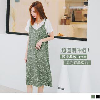 Set: Short Sleeve Plain T-shirt + Spaghetti Strap Floral Print A-line Dress