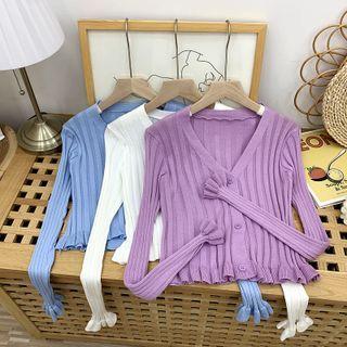 Long-sleeve Button-up Ribbed Frill Trim Knit Top