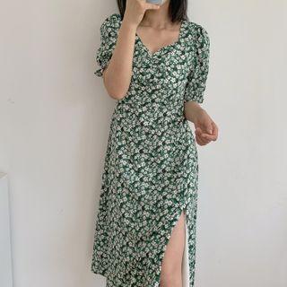 Bell-sleeve Floral Slit Midi Dress