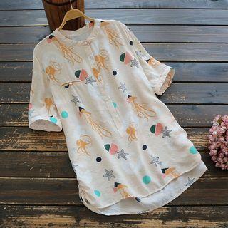 Elbow-sleeve Printed Band Collar Long Shirt