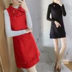 Long-sleeve Knit Top / Frilled Mini Pinafore Dress / Set