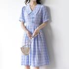 Plaid V-neck Short-sleeve Midi A-line Dress Blue - M