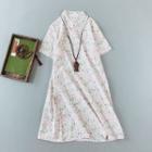 Traditional Chinese Short-sleeve Frog Buttoned Floral A-line Midi Dress