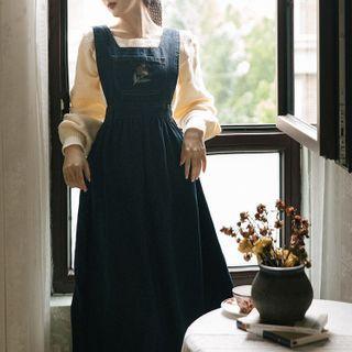 Set: Square Neck Sweater + Flower Embroidered Denim Overall Dress