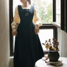 Set: Square Neck Sweater + Flower Embroidered Denim Overall Dress