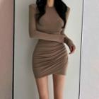 Plain Long-sleeve Ruched Mini Dress