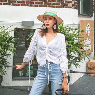 Deep V-neck Drawstring-trim Top
