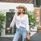 Deep V-neck Drawstring-trim Top