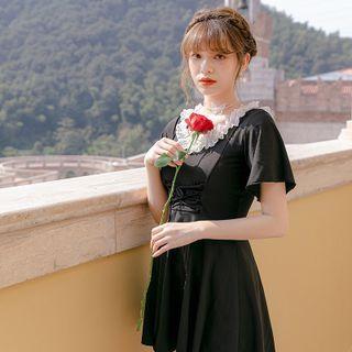 Set: Short-sleeve Lace Trim Swim Dress + Shorts