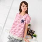 Short-sleeve Horse Embroidered Gingham Top Pink - Ones Size