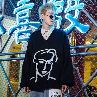 Oversize Printed V-neck Sweater