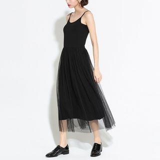 Mesh Panel Spaghetti Strap Midi Dress Black - One Size