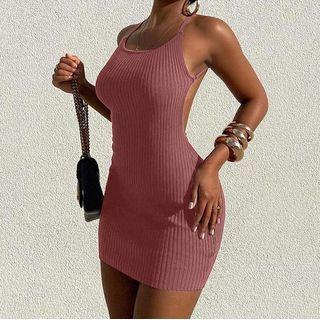 Plain Open-back Knit Bodycon Dress