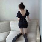 Plain Open Back Bow Mini Dress Black - One Size
