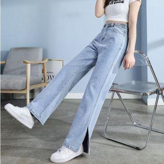 High Waist Slit-hem Wide Leg Jeans (various Designs)