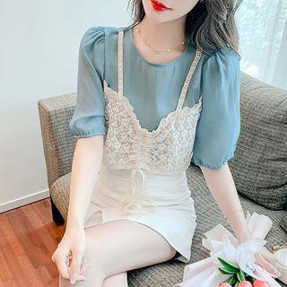 Puff-sleeve Mock Two-piece Lace Blouse