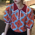 Puff-sleeve Polo Collared Floral Knit Top Top - One Size