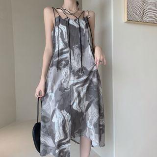 Spaghetti-strap Print Asymmetrical Midi A-line Dress
