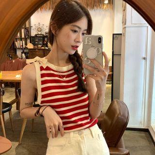 Bow Striped Sleeveless Knit Top