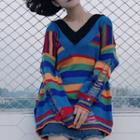 Distressed Rainbow Block Knit Top As Shown In Figure - One Size