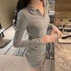 Long-sleeve Hooded Mini Sheath Dress Gray - One Size