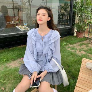 Long-sleeve Tie-neck Ruffled Chiffon Blouse Blue - One Size