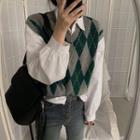 Plain Long-sleeve Shirt / Argyle Knit Vest