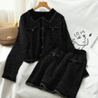 Set: Collared Cardigan + Mini Pencil Skirt Set - Cardigan - Black - One Size / Pencil Skirt - Black - One Size