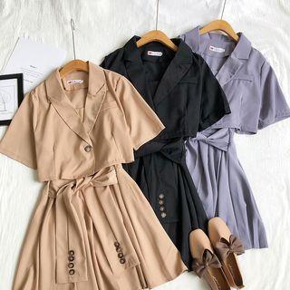 Set: Short-sleeve Button Blazer + Spaghetti Strap Mini Dress