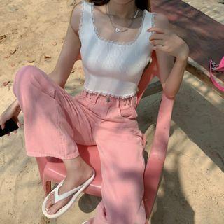 Lace Trim Cropped Tank Top / Plain Straight Cut Jeans