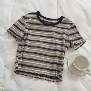 Short-sleeve Lettuce Edge Striped Cropped T-shirt